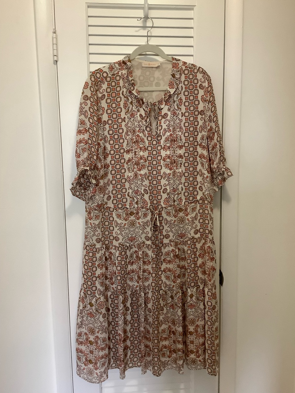 Tory Burch Boho Floral Printed Midi Dress in Cream and Peach